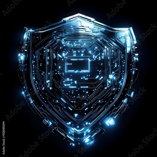 A futuristic shield made of interconnected digital circuits, symbolizing advanced defense mechanisms used to protect against cyber attacks and ensure cybersecurity. photo