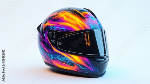 A vibrant motorcycle helmet featuring a colorful flame design for safety and style. photo