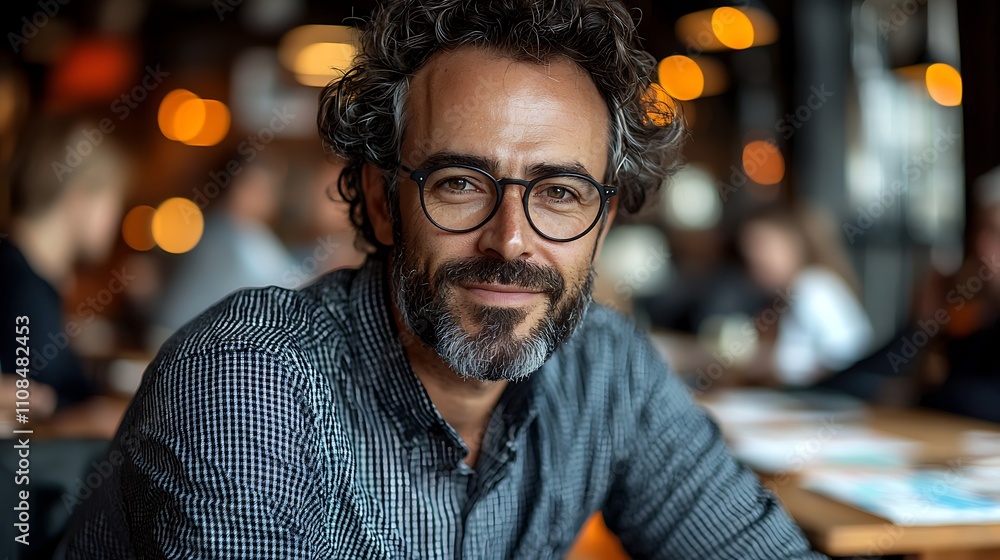 Obraz premium A smiling man with curly hair and glasses sits in a cozy cafe, surrounded by warm lighting and a vibrant atmosphere.