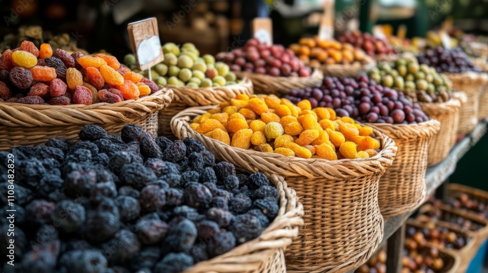 Obraz premium Dried Fruits and Berries in Baskets at a Market Stall