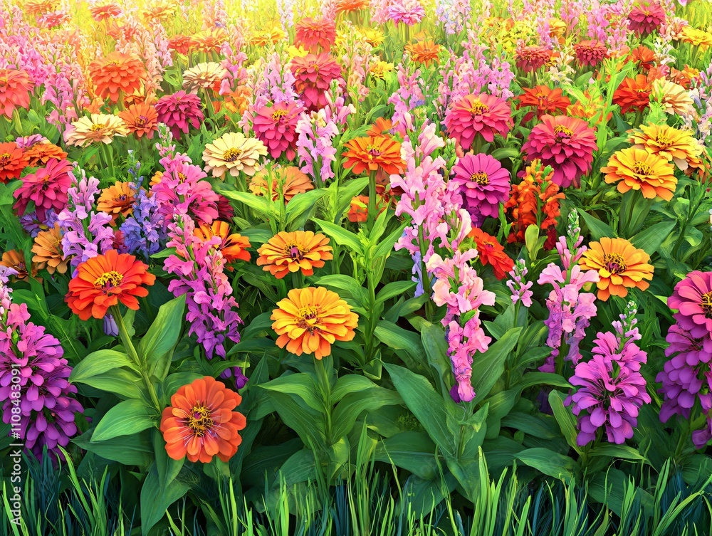 Obraz premium A vibrant field of colorful flowers in full bloom, showcasing nature's beauty.
