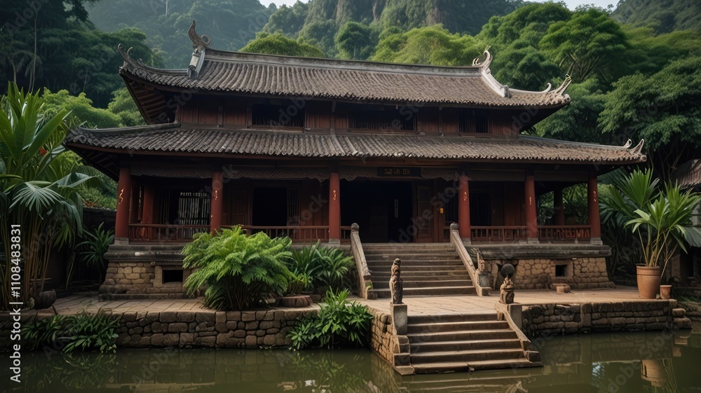Fototapeta premium Ancient Asian temple by water, lush greenery.