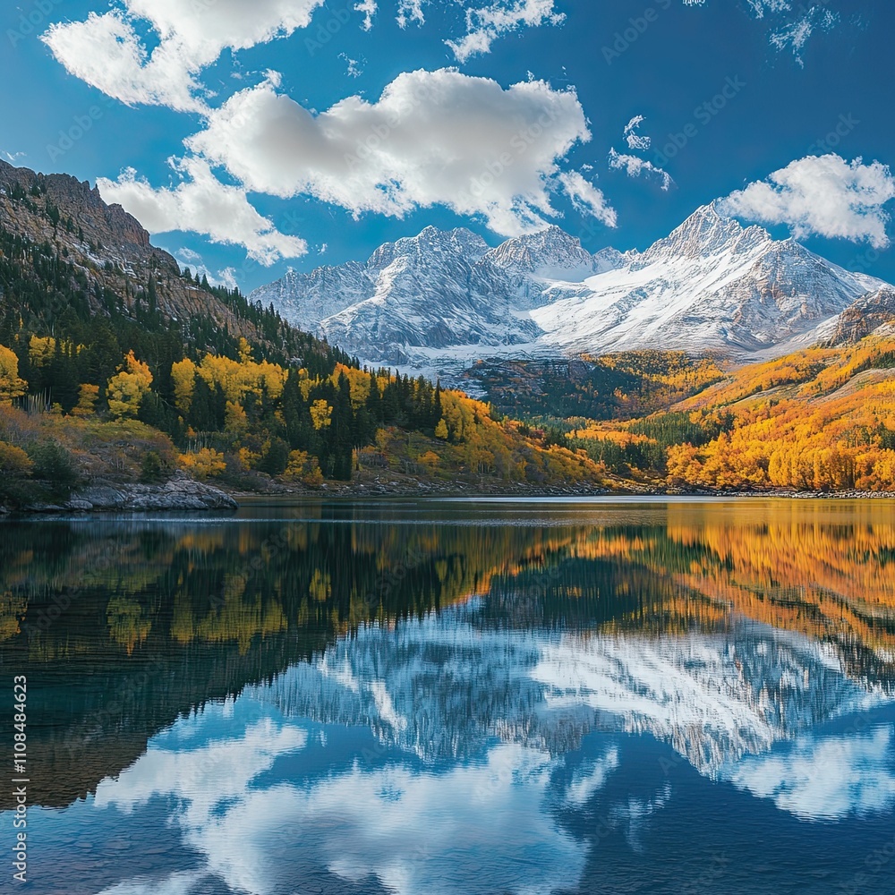 Obraz premium Snow-capped mountains reflected in autumn lake.