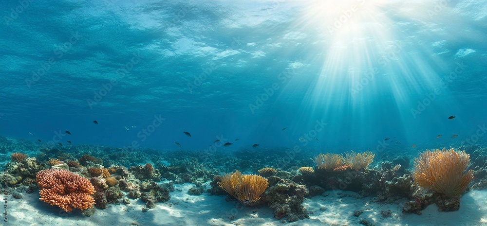 Fototapeta premium A vibrant coral reef landscape, teeming with colorful marine life, vivid corals in shades of orange, pink, and purple, schools of tropical fish swimming gracefully, sunlight streaming through clear tu