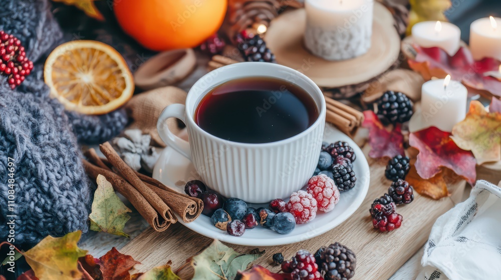Fototapeta premium Cozy Autumn Vibes: Warm Tea & Berries by a Candlelit Fire