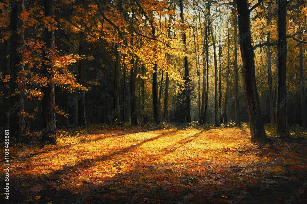 Fototapeta premium Autumn forest scene, sunlight, golden leaves.