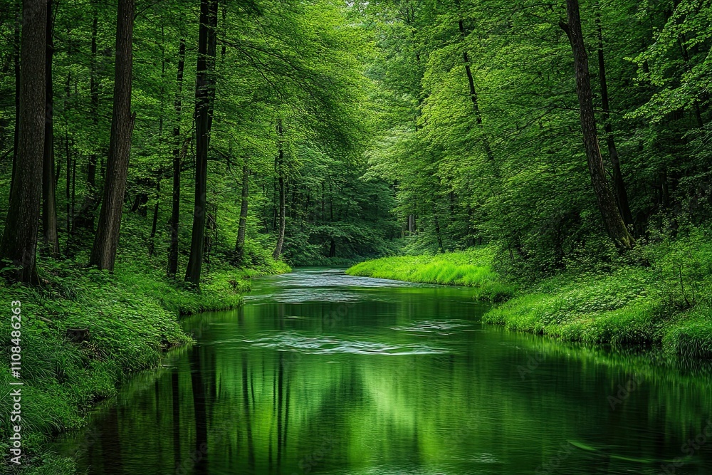 Obraz premium Serene green river flows through lush forest.