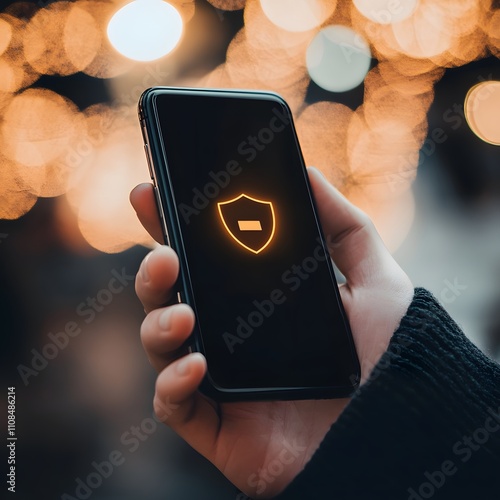 A hand holding a smartphone with a shield icon overlay, highlighting the importance of safety and privacy in online dating and digital communication. photo