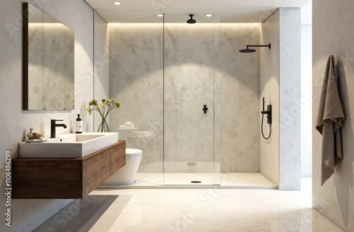 A refined bathroom with minimalist design, including a floating vanity, a walk-in rain shower, and elegant fixtures.