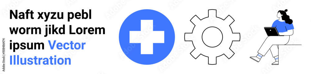 Obraz premium Text block with placeholder text, blue circle with white cross, grey gear icon, person using laptop. Ideal for digital health, telemedicine, remote work, technology integration, healthcare apps