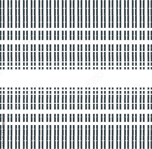 Vertical rows of sticks or segmented lines and a void in the middle.