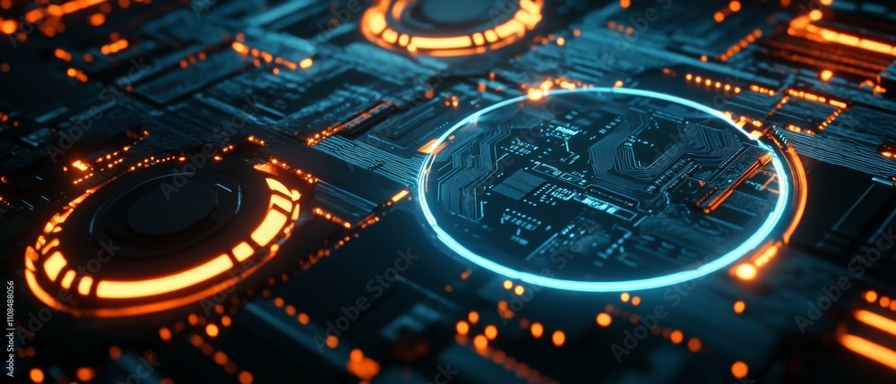 Fototapeta premium abstract background featuring a circuit board and chip design, embodying a digital technology concept with a black and blue color theme, illuminated by glowing light effects along the edges of circles