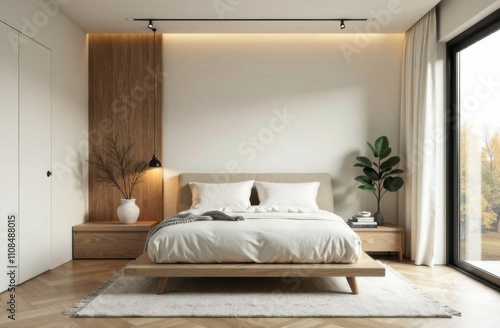 A modern bedroom with minimalist touches including a platform bed, simple decor and a soothing color scheme.