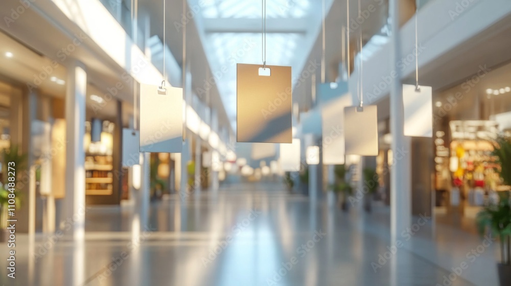 Blank Signs Hanging in a Modern Shopping Mall Blank Signs Hanging in a Modern Shopping Mall
