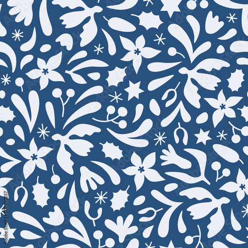 Merry Christmas winter botanical seamless pattern on blue. White monochrome floral new year vector background with poinsettia flowers, bird