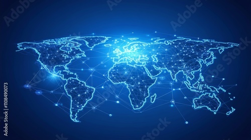 An abstract digital world map featuring intricate global network connections, with a glowing globe at the center on a vibrant blue background, symbolizing the essence of international business 