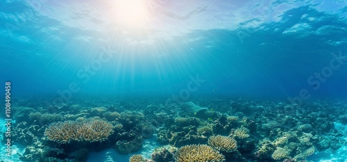 A vibrant coral reef landscape, teeming with colorful marine life, vivid corals in shades of orange, pink, and purple, schools of tropical fish swimming gracefully, sunlight streaming through clear tu photo