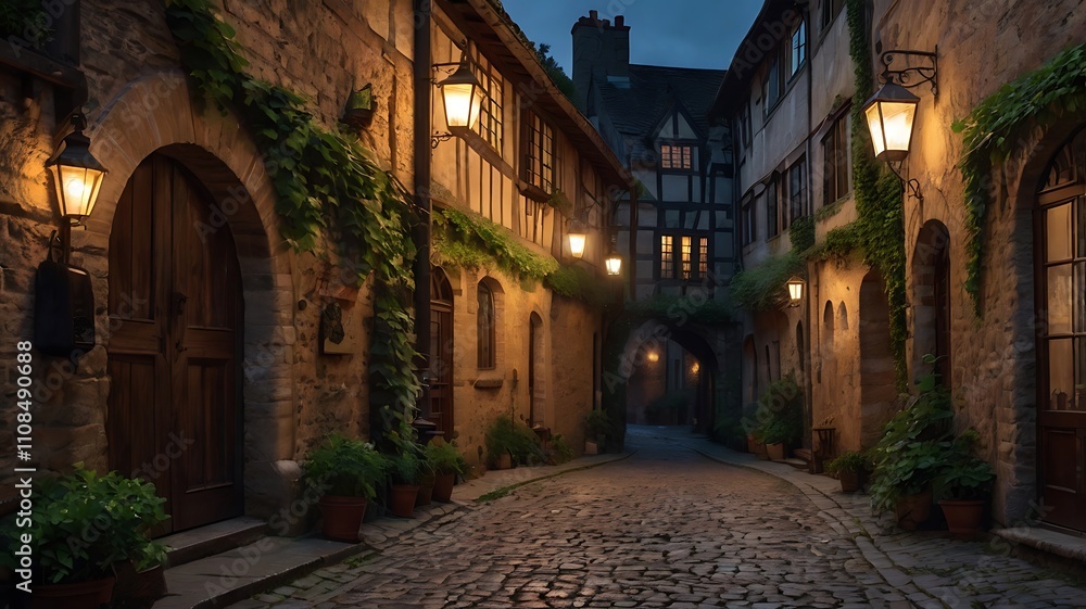 Obraz premium A medieval alley at dusk filled with ancient buildings