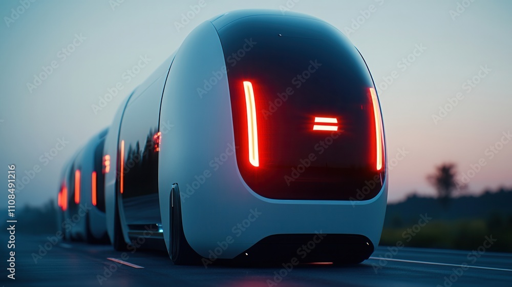 Obraz premium Futuristic autonomous vehicles with sleek designs traveling on a road during twilight, showcasing advanced technology and modern mobility.