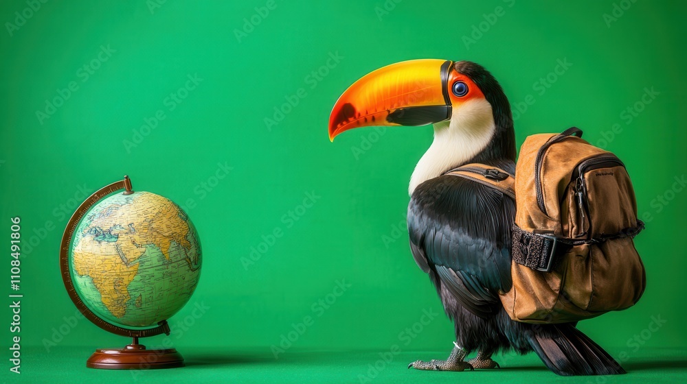 Fototapeta premium Colorful Toucan with Backpack Relaxing by Globe on Green Background