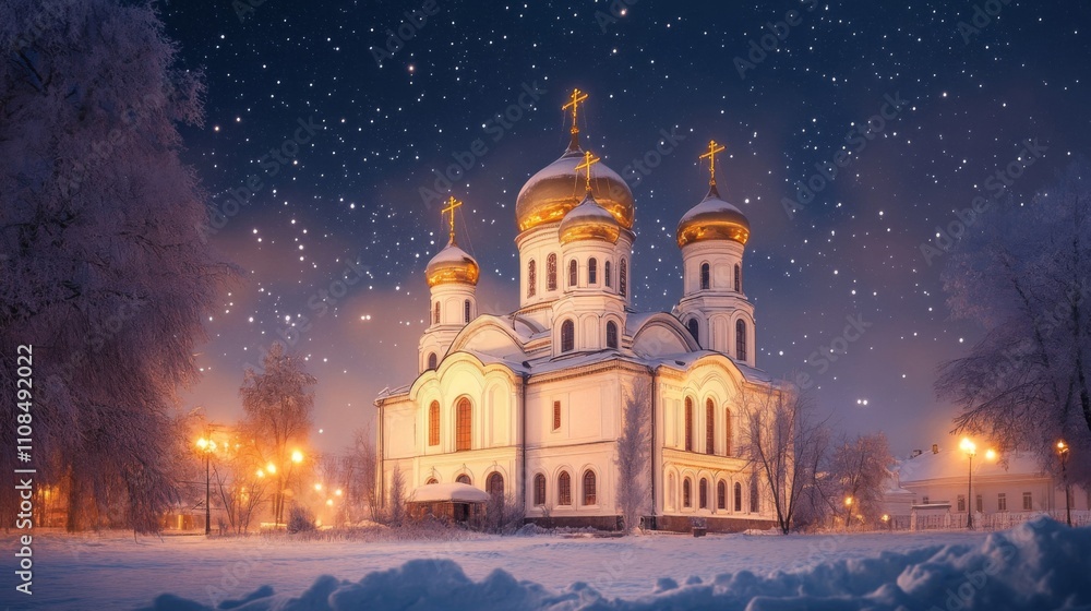 Fototapeta premium White Church Under a Starry Night Sky in a Snowy Landscape