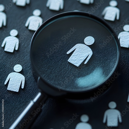 A magnifier glass zooms in on a manager icon among a cluster of staff icons, symbolizing the focus on human resource management. photo