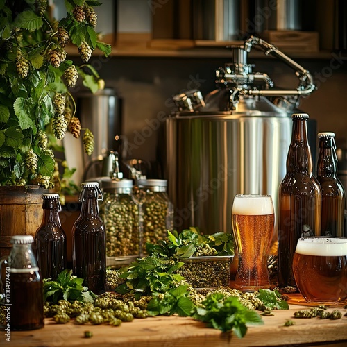 Craft beer brewing: hops, bottles, beer glasses, fermenter.