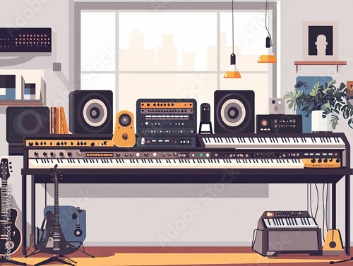 Home music studio, keyboards, guitars, speakers, equipment. photo