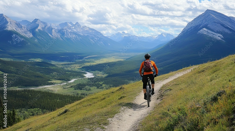 Mountain biker descends scenic valley trail. Mountain biker descends scenic valley trail.