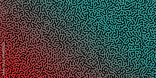 Abstract Reaction-diffusion Turing pattern natural texture green and red gradient color scheme. Linear design with biological algorithm psychedelic background. Reaction-diffusion or truing patter