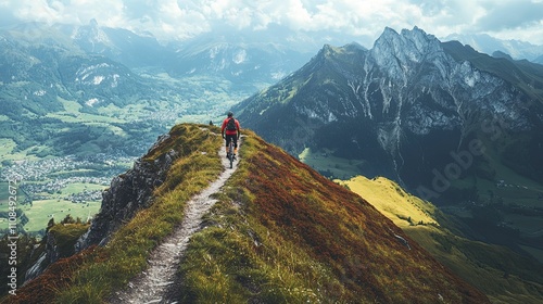 Mountain biker rides scenic alpine ridge trail.