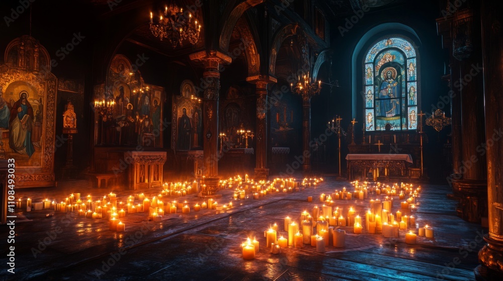 Candlelight Illuminates a Dark Church Interior with Stained Glass and Religious Icons Candlelight Illuminates a Dark Church Interior with Stained Glass and Religious Icons