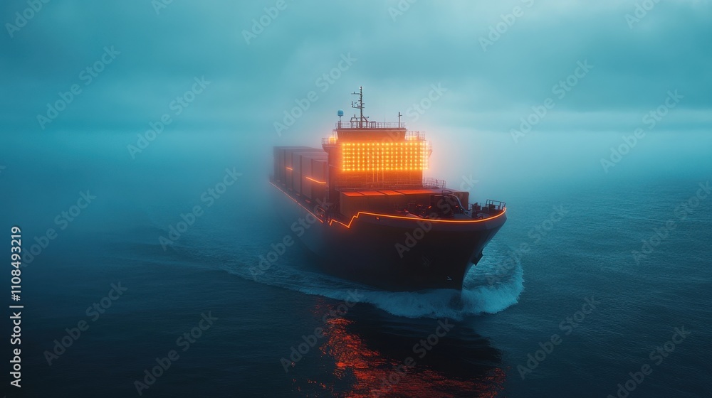 Navigating Foggy Waters Container Ship in a Dramatic Blue Hour Setting Navigating Foggy Waters Container Ship in a Dramatic Blue Hour Setting