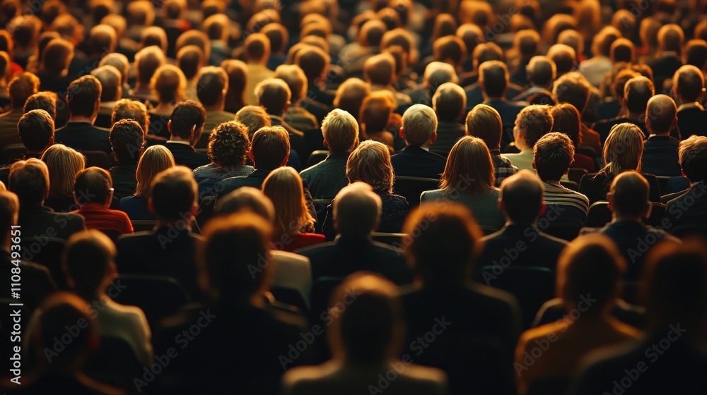 Obraz premium A Large Audience of People Seen From Behind in a Darkened Room