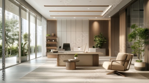 Modern Office Interior with Large Windows, Wooden Desk, and Comfortable Armchair