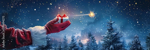 Snowflakes and gifts on the table, with an open red and white gift box, from which large glowing fireflies are flying. The background is blue, with space available for text or advertising