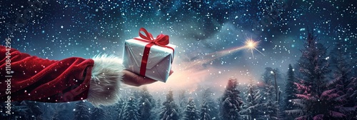 Snowflakes and gifts on the table, with an open red and white gift box, from which large glowing fireflies are flying. The background is blue, with space available for text or advertising