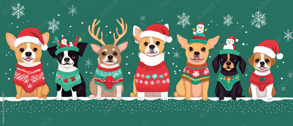 Fototapeta premium A group of cute dogs wearing Christmas sweaters and deer antlers, standing in front of snowflakes on a green background, generative AI