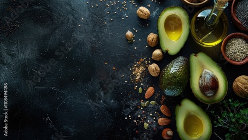 Top view of a dark background featuring various healthy foods arranged on the right side of the composition.