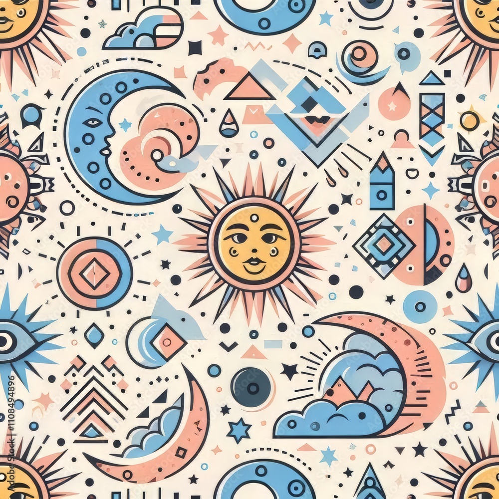 Fototapeta premium vector doodle pattern sun moon clouds