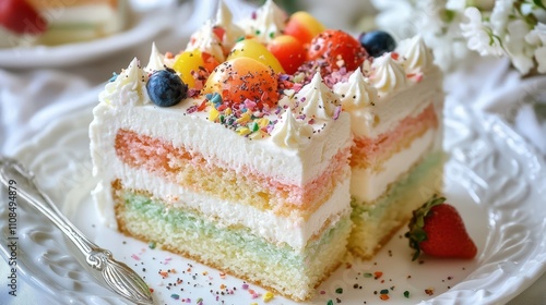 Rainbow Cake with Whipped Cream & Fresh Berries - Delicious Dessert Recipe