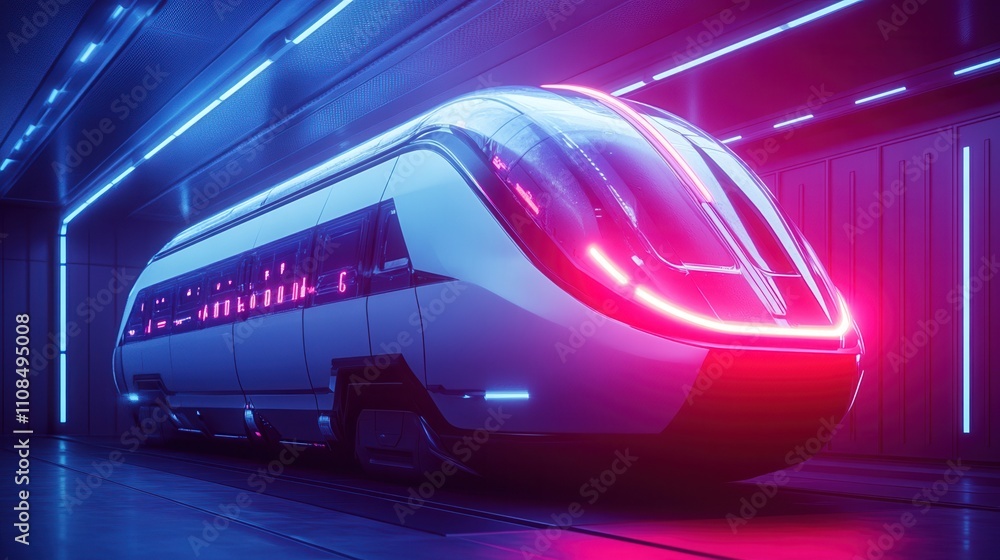 A futuristic train design illuminated with vibrant neon lights in a sleek, modern environment. A futuristic train design illuminated with vibrant neon lights in a sleek, modern environment.