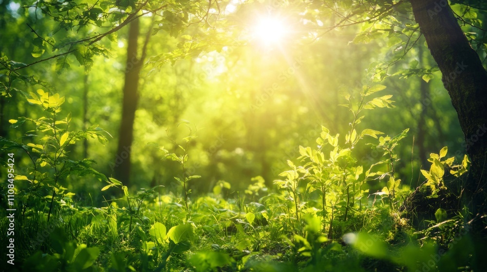 Fototapeta premium Sunbeams Filtering Through Lush Green Forest Undergrowth