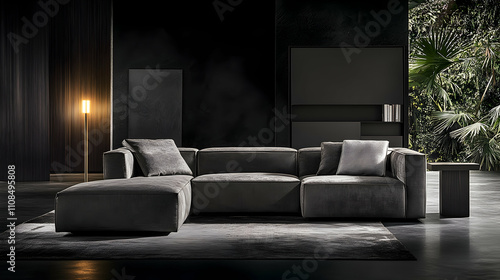 Modern Grey Sofa in Minimalist Living Room with Natural Elements