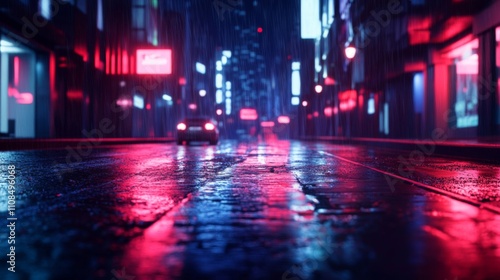 Wallpaper Mural Wet City Street Reflecting Neon Lights During a Rainy Night Torontodigital.ca