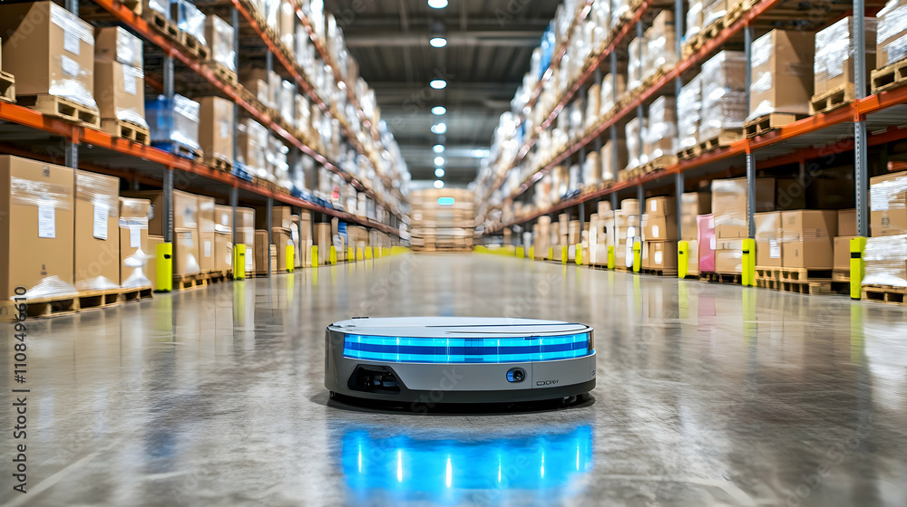 Fototapeta premium Modern Warehouse with Automated Robot on Smooth Concrete Floor