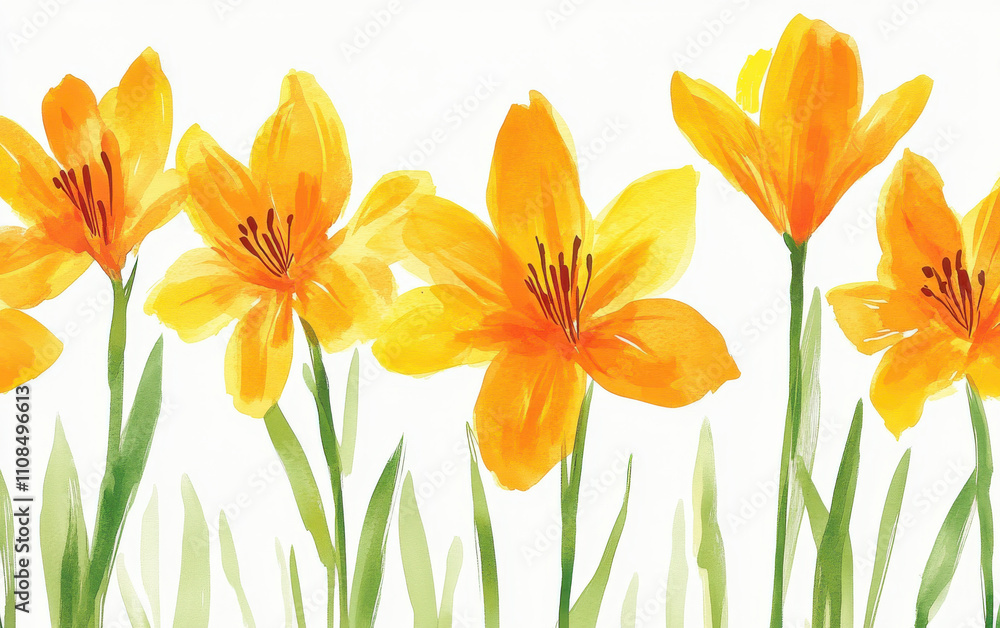 Obraz premium Bright yellow flowers with green stems in watercolor style