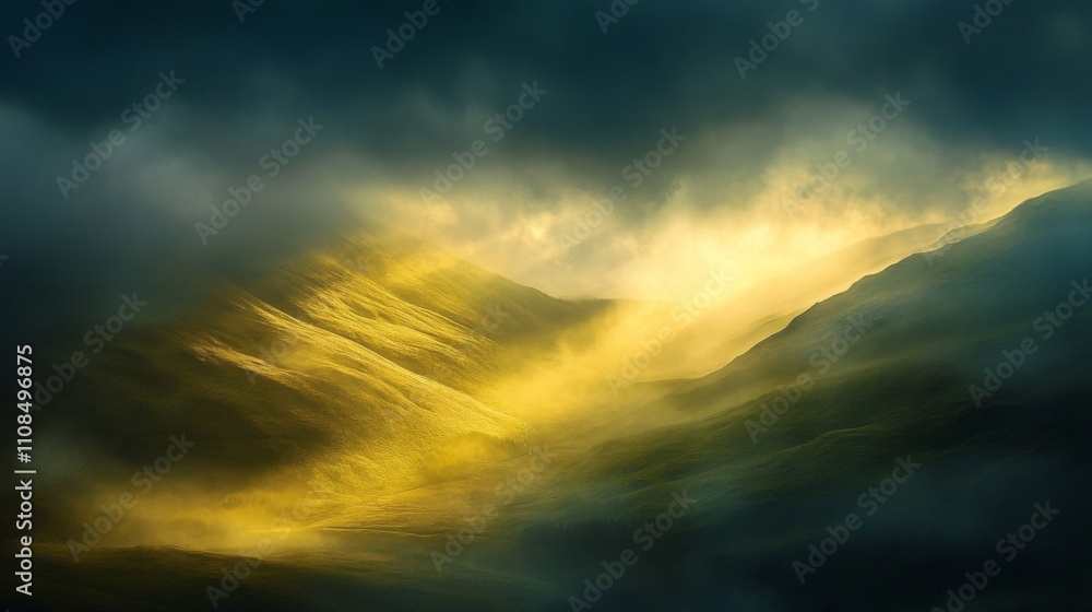 Obraz premium Sunbeams Through Mist Illuminating Rolling Hills