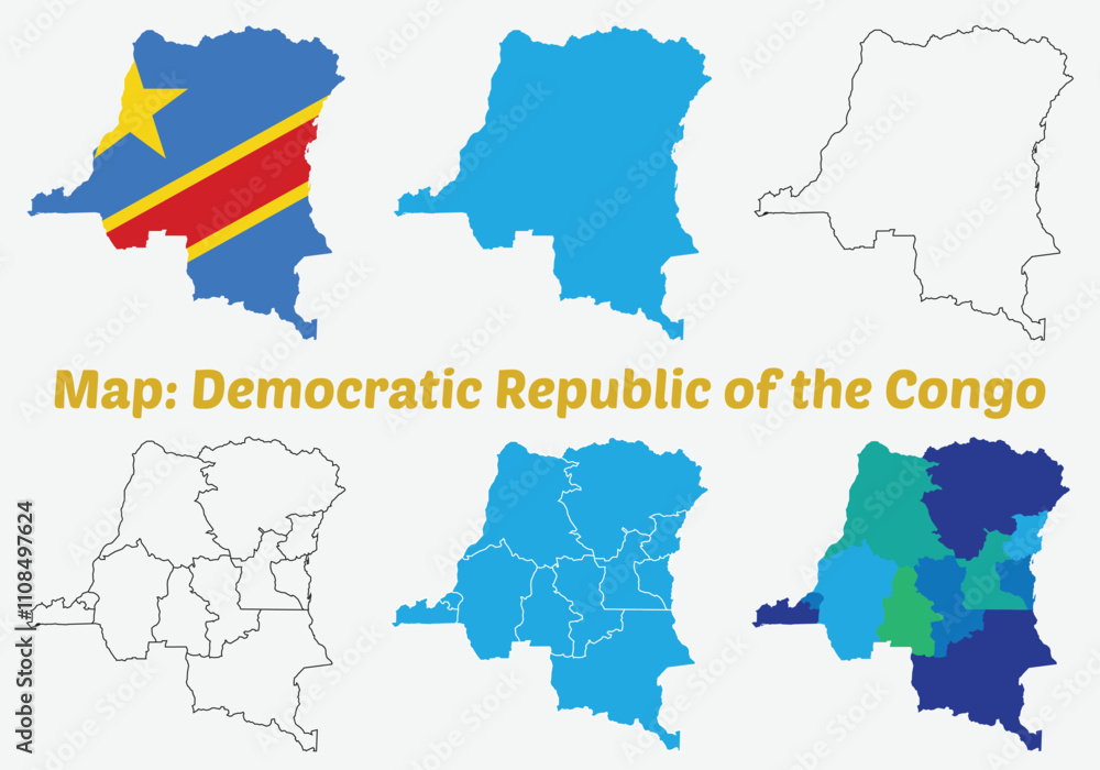 Obraz premium Democratic Republic of the Congo map set. internal provinces borders marked, Simple map of Democratic Republic of the Congo vector drawing, Filled and outline.