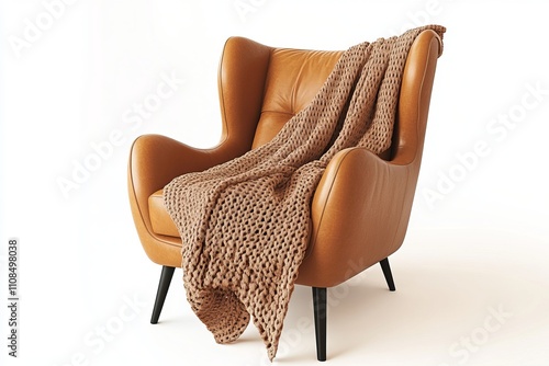 A tan leather chair with a brown blanket draped over it. The chair is positioned in front of a white background photo